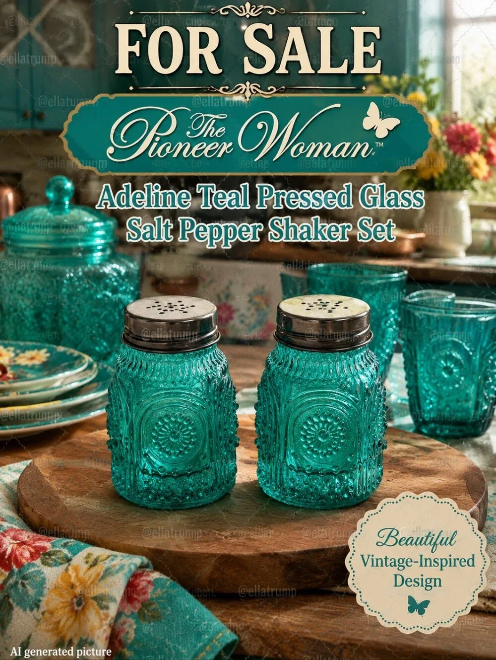The Pioneer Woman Adeline Teal Pressed Glass Salt Pepper Shaker Set